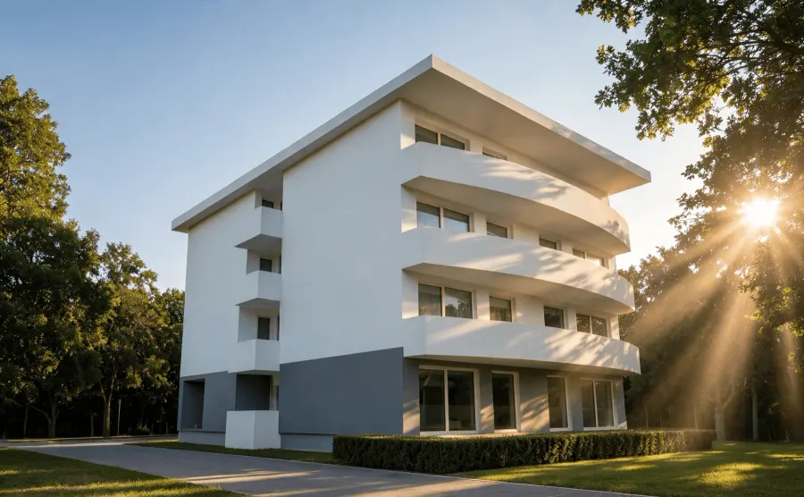 Wizualizacja 3D: Projekt budynku wielorodzinnego przy ul. Skrajnej. Robocza nazwa Willa Biała pochodzi od dzielnicy, w której powstała - Prądnik Biały. Budynek posiada niewielki podziemny parking. Wyzwaniem projektu było zacienianie sąsiedniej kamienicy, z tego wynika dedykowany kształt dachu na elewacji wschodniej. — zdjęcie 2